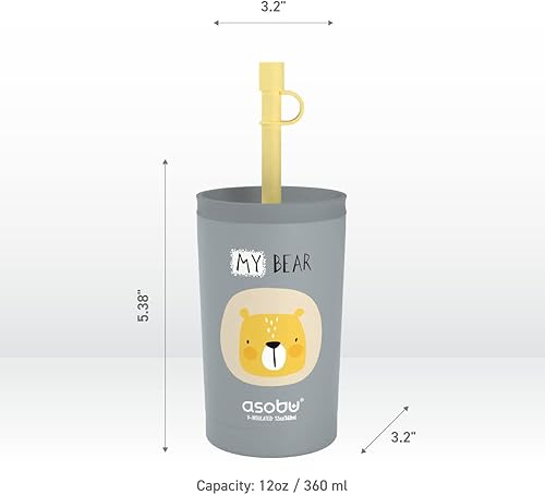Miniatura 6 de asobu Vaso de acero inoxidable para niños con tapa flexible con popote  Botella de agua aislada  Vaso de viaje reutilizable de 12 onzas (gris)