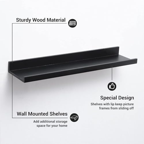 Image of Wooden Floating Wall Shelves Set of 3 for Living Room & Bedroom | Modern Wall Mounted Display Rack for Decor, Photo Frames, Plants & Storage (Black, 23 Inch)