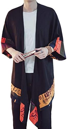 HZCX FASHION Men's Cotton Linen Long Kimono Jackets Open Front Cardigan Cloak(Small Flower,2XL)