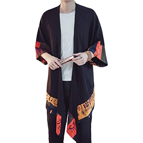 Hzcx Fashion Men's Cotton Linen Long Kimono Jackets Open Front Cardigan Cloak(Small Flower,2Xl) #TOP2