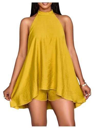 Milumia Womens Halter Romper Tie Back Backless Sleeveless Flowy Beach Vacation Shorts Jumpsuit Dress Yellow Medium