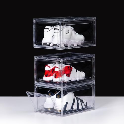 Image of 3 Pack Acrylic Shoe Boxes, Ultra Clear Shoe Boxes Stackable, Shoe Storage Box Sneaker Storage for Sneakerhead, Foldable Shoe Organizer with Magnetic Door, Professional Shoe Display Fits US Size 15