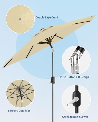 9FT Outdoor Patio Umbrella, Table Market Umbrella With Push Button Tilt and Crank, 8 Sturdy Ribs UV Protection Waterproof for Garden, Deck, Backyard, Pool (Beige)