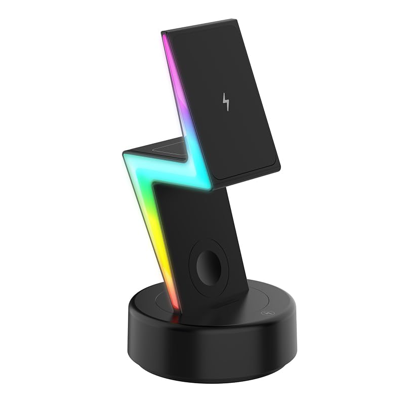 Magnetyczna ładowarka bezprzewodowa 3 w 1 uchwyt na stację ładującą dla IPhone Airpods do IWatch, szybkie ładowanie bazy do inteligentnego zegarka telefonu, światła RGB (czarny)