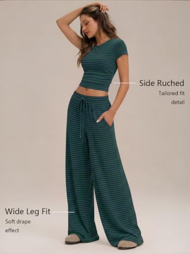Image of Trendy Queen 2 Piece Matching Summer Lounge Set Womens Side Ruching Top Wide Leg Pants Sets with Pockets