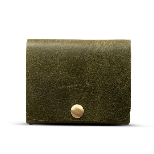 Image of Strutt Crushed Textured Genuine Leather Batua Wallet for Men & Women | Handcrafted Olive Green Leather Cash & Card Holder | Snap Button Closure | Compact Ethnic Money Pouch