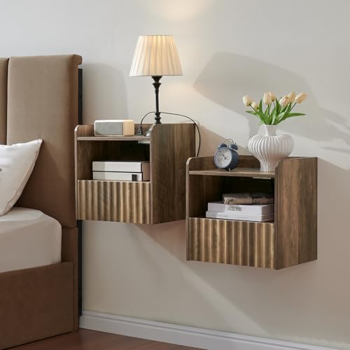BuildHom Modern Fluted Floating Nightstand Wall Mounted Set of 2- Bedside Table with Storage Drawer & Display Shelf, Minimalist Bedroom Furniture for Studio Apartments(Rustic Brown)