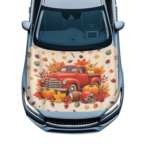 Image of Renewold Fall Football Car Hood Cover,Vehicle Hood Wrap Blanket, for Sedan | Women Men Automotive Exterior Accessories, Easy Install Auto Decor for Football Season Party Holiday, Red Truck Pumpkin