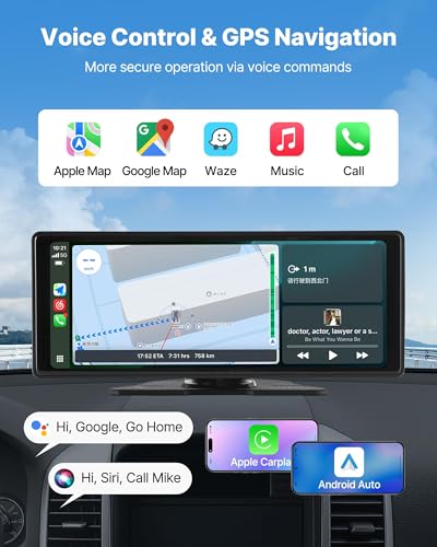 Image of VEVOR Wireless Car Stereo, 10-Inch HD Portable Radio Touch Screen with Apple CarPlay and Android Auto, CarPlay Screen with Front & Backup Cameras, Voice Control, Mirror Link, Bluetooth, GPS Navigation