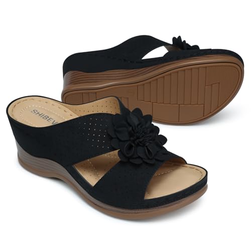 Image of SHIBEVER Womens Wedge Sandals Dressy: Arch Support Slip-On Comfortable Summer Sandals Open Toe Flower Casual Platform Shoes Size 5-11