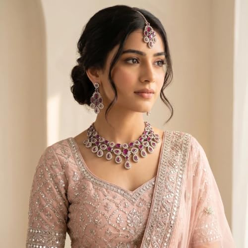 Image of I Jewels Traditional Teardrop Design & Stone Necklace Jewellery With Earrings & Maang Tikka Set for Women (IJ414)