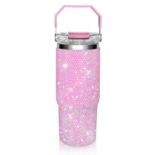 Bling Rhinestone Studded Tumbler with Top Handle Bling Cups Stainless Steel Water Bottle Diamond Glitter Tumbler for Women - Birthday Gifts for Women Mom Get Well Soon Gifts (Pink)