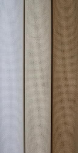 Image of KCS 3 pc of 15 inch x 18 inch(38cmx45cm) Counted Cross Stitch Cotton Aida Cloth Needlework Rolled Fabric Box,14CT,White+Oatmeal+Khaki