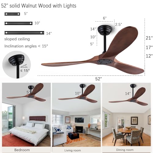 Image of QUTWOB 52 inch Wood Ceiling Fan No Light, Reversible DC Motor, Remote Control | solid wood blades, quiet 6-speed reversible dc inverter motor, remote control, no light, for indoor outdoor patio living room