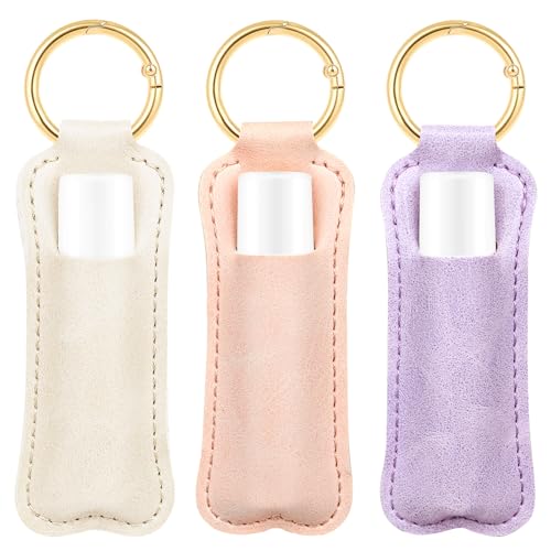 WK IEASON Lip Balm Holder Keychain Clip On PU Leather Lipstick Sleeve Pouch Lip Gloss Holder Lip Balm Sleeve Holder Keychain 3PCSLight Purple/Light Pink/Matte Beige