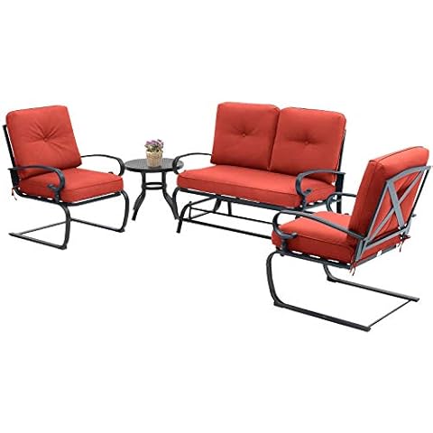 Crownland Outdoor Furniture Patio Conversation Set (Loveseat, Coffee Table, 2 Spring Chair) Metal Frame Wrought Iron Look with Cushions (Red) Cover