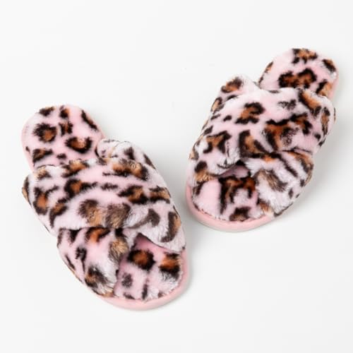 Image of Women's Cross Band Fuzzy Slippers Fluffy Open Toe House Slippers