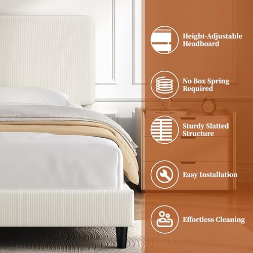 Image of Yaheetech Twin Bed Frames with Adjustable Headboard, Chenille Fabric Upholstered Headboard /Platform Bed, Twin Size Bed Frame No Box Spring Needed /Mattress Foundation /Wood Slats Support /Easy Assembly