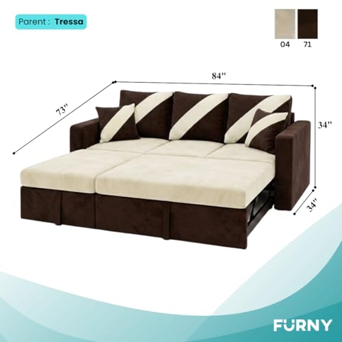 Image of FURNY Trivia 4 Seater LHS Lounger Sofa Cum Bed (Dark Brown - Cream) with Pull-Out Function | Luxury Velvet Suede Finish | Durable Comfort | Ideal for Living Room