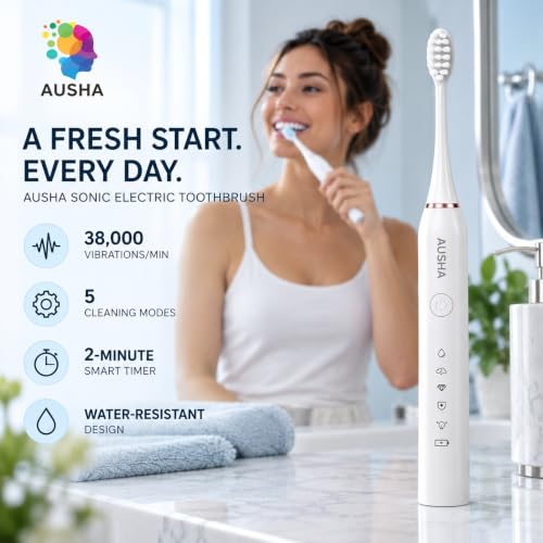 Image of AUSHA White Smart Sonic Electric Toothbrush for Adults
