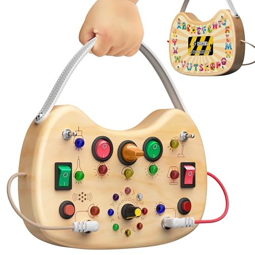 Image of Busy Board with LED Light Switches,Toddlers Montessori Travel Toys for 1 2 3 Years Olds,Wooden Autism Activity Busy Board,Portable Sensory Switch Board toys 1+ Year Old Boy&Girl Birthday Gift