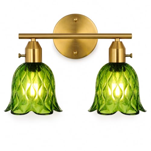 Image of 2-Light Hardwired Wall Sconces Set of Two, 14.17 inch Gold Bathroom Sconces with Clear Green Glass, Vintage Sconces Wall Decor Set of 2 Wall Light fixtures for Bathroom Mirror Living Room Hallway Bedroom