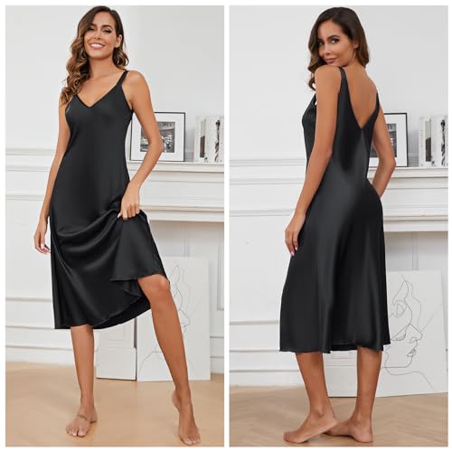 Women Long Satin Nightgown Silk Slips Dress Sexy V Neck Sleepwear Sleeveless Nightshirt Wide Strap Chemise3