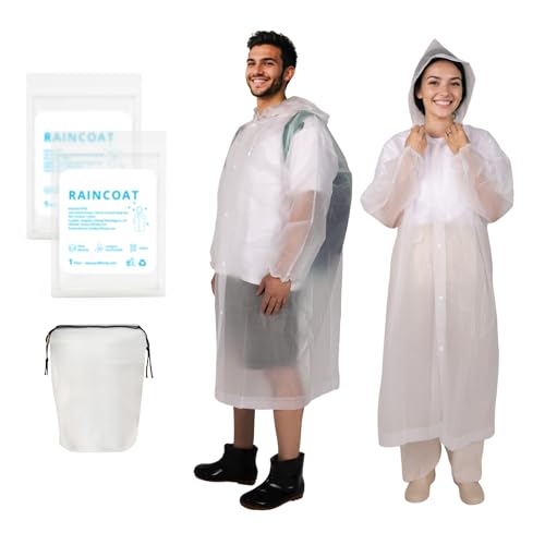 2 Pack Rain Coats Reusable PEVA Rain Hooded Ponchos with a Drawstring Bag for Adult Unisex