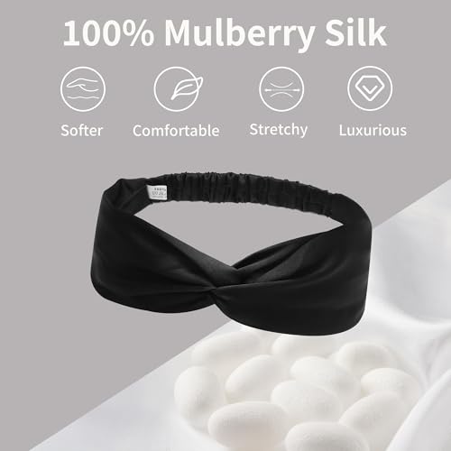 Image of ZLYC Mulberry Silk Headband for Women's Hair Elastic Hairband, Solid Black