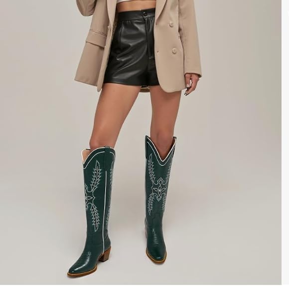 GORBINETI Women Cowboy Boots Mid Calf Cowgirl Western Boots Embroidered Suede Pull On Almond Toe Chunky Heel - Image 2