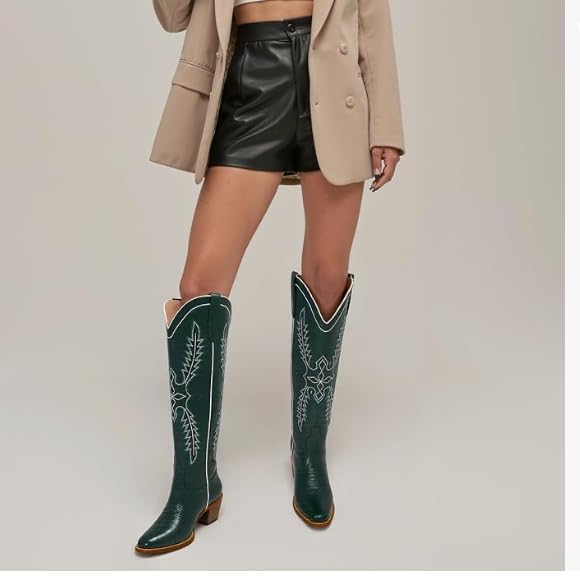 Image of GORBINETI Women Cowboy Boots Mid Calf Cowgirl Western Boots Embroidered Suede Pull On Almond Toe Chunky Heel