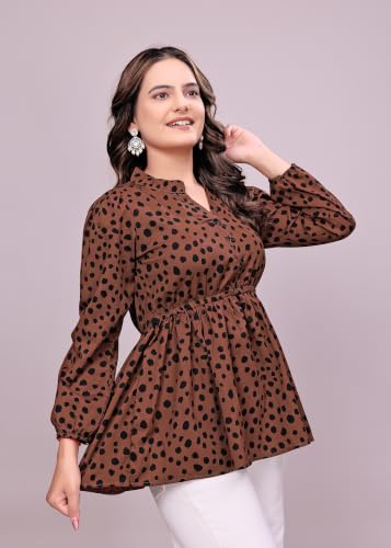 Image of NEW Women's Stylish Brown Polka Dot Crepe Fabric Tunic Top | Full Sleeves Collared Neck Peplum | Flared Fit Trendy Ladies Top