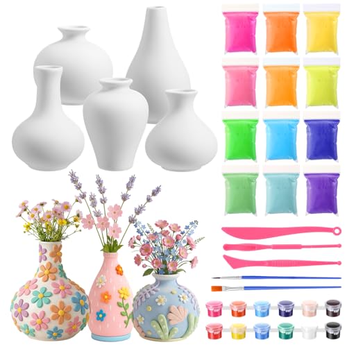 Teecyhooo 5 Set Paint Your Own Vases Pastel Painting Kit for Art DIY Craft Project Unpainted White Ceramic Vases 12 Paints 12 Color Clay for Spring Home Decor Birthday Party Gift