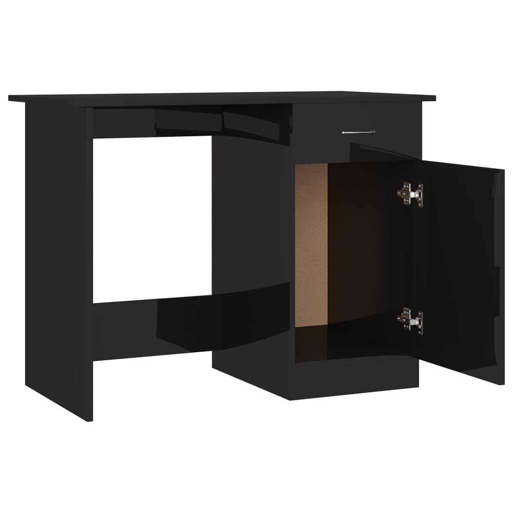 Schreibtisch Hochglanz-Schwarz aus Holzwerkstoff 100 x 50 x 76 cm mit Schublade und Tür, Computer Arbeit Laptop PC Tisch für Büro Homeoffice, Lernen Zocken Stauraum