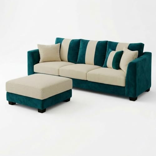Image of Revo Plush Comfort Sofa Set | 3 Seater + 2 Seater with Ottoman | Luxury Velvet Suede Fabric | Modern Living Room Sofa | Green Teal - Cream