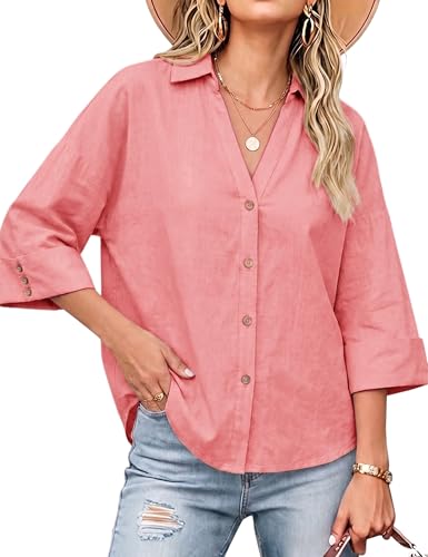Watashi Women Oversized Button Down Shirt 3/4 Sleeve Summer Blouse(Pink-Medium)