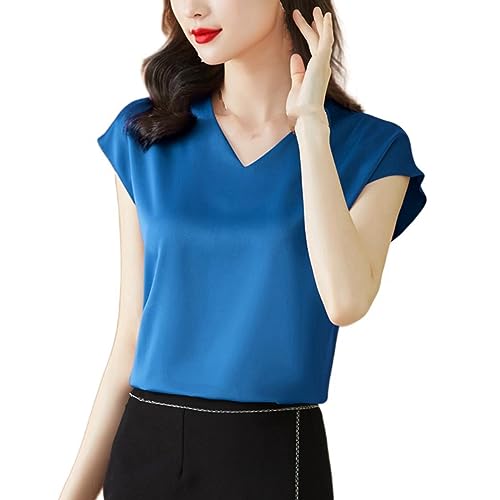 T-shirt en satin bleu col en V pour femme haut chic de bureau