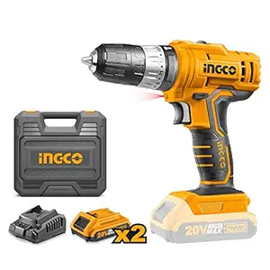 INGCO CIDLI20012 20V Cordless Drill, 45NM Electric Impact Drill, 18+1+1 Position Power Drill Driver, 0.8-10mm Chuck, Variable Speed, Hammer Drill Kit with 2 battery pack, 1 fast Charger, LED (1 Set)