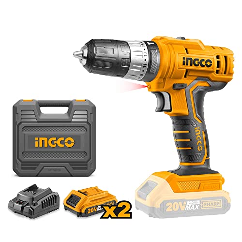 INGCO 20V Cordless Drill, 15+1| 0.8-10mm | 45NM | 2-speed Gear | 0-400/0-1500/rpm Electric Drill Machine, Drill Machine Kit with 1pcs Lithium-ion 1.5Ah Battery, 1 Fast Charger, LED
