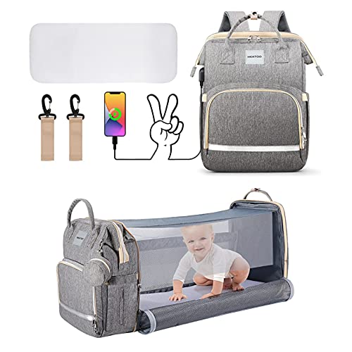 Diaper Bag Backpack, HEATOO Diaper Bag with Changing Station, Portable 3 in 1 Nappy Baby Diaper Backpack with Bassinet, Multifunction Travel Bag Backpack for Baby with Stroller Large Capacity