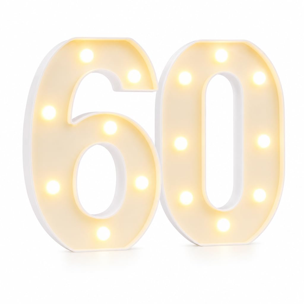 Light Up Number 60 LED Warm White 22.5cm, Marquee Number Sign for 60th Birthday Party Decorations Wedding Anniversary Home Decor, Battery Powered Table LED Number 60 Decoration Sign