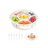 Oupuven Snackbox mit Fächern, Rund Snackbox Drehbar mit Deckel und Griff, Snackschale mit 6 Schalen und 6 Obstgabel, Snackdose mit Deckel Aufbewahrungsbox für für Party, Picknick (Runde)