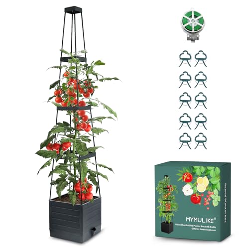MYMULIKE Obelisco con macetero, Juego de 1, Enrejado para Plantas de Interior con macetero, Bonito Soporte para Plantas de Metal como Regalo, bancal de plástico, Negro