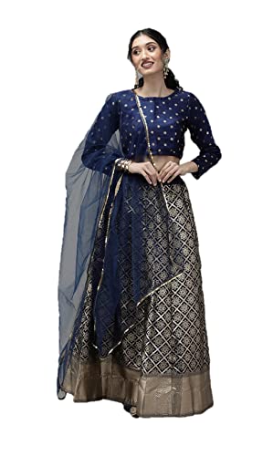 Indische ethnische Kleidung lehenga choli für Damen, vollständig genäht, Hochzeit, Party, indischer Stil, Marineblau & Goldfarben, X-Small Cover