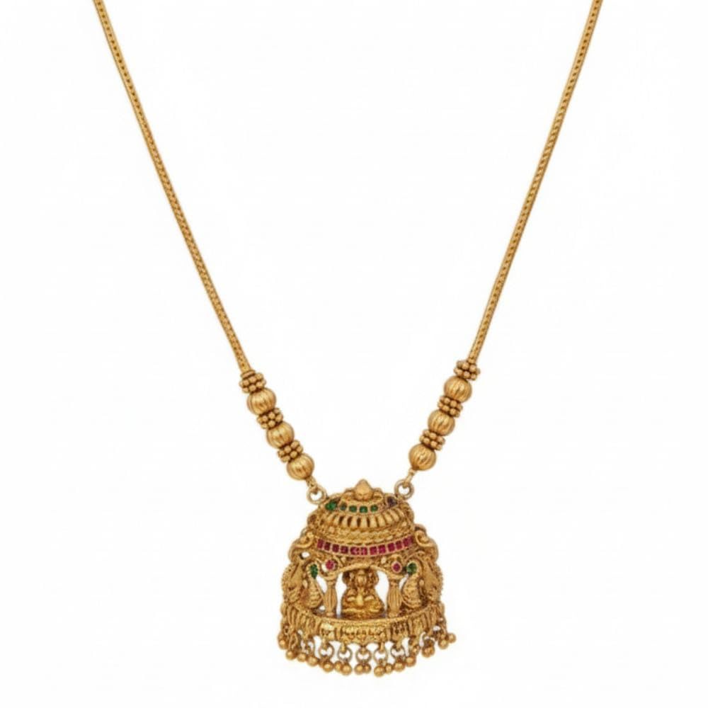 Traditional Gold-Plated Goddess Lakshmi Temple Jewellery Set for Women | Antique Finish Ethnic Pendant with Ruby & Emerald Accents | Includes Matching Jhumka Earrings | Perfect for Bridal, Festive, and Religious Occasions-picture-30