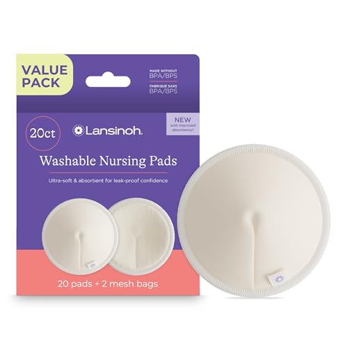 Image of Lansinoh Washable Nursing Pads, Made with Organic Bamboo Viscose, Reusable Breast Pads for Breastfeeding with Wash Bag, Breastfeeding Essentials, 10 Count (Pack of 2)