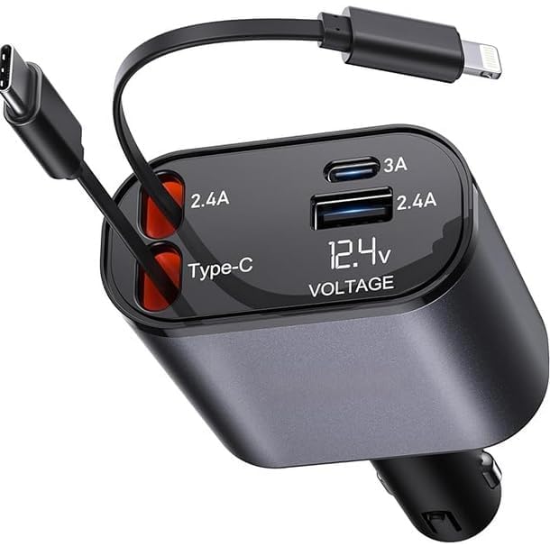 Image of 4-in-1 Retractable Car Charger, 100W Super Fast Charge, with 31.5-Inch Retractable Cables and Dual USB Ports, Compatible with All iPhone, iPad, Pixel, Tablets, All Android Phones