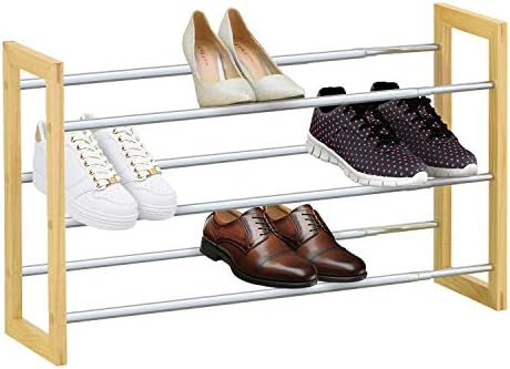 Knight 3 Tier Shoe Rack Extendable Chrome Plated Metal with Pinewood Frame Holds up to 18 Pairs of Shoes, for Hallway and Cloakroom, Space Saving, Easy Assemble  Hex Key Required (Provided)