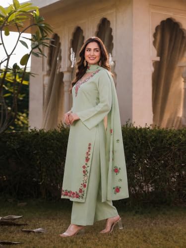 Image of ANNI Designer Kurta Sets for Women Viscose Blend Embroidered | Kurta Palazzo Dupatta Set | Designer Kurti Set for Women | V Neck Full Sleeve Ethnic Suit | Indian Kurta Outfit with Palazzo Pants