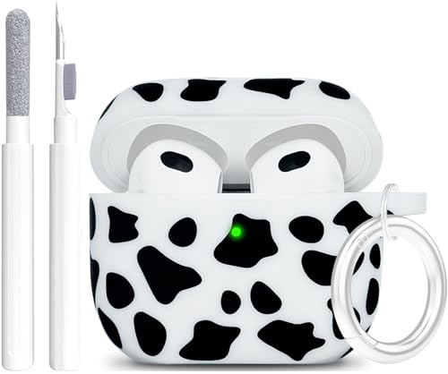 Silicone Cow Airpods 3 Case 2021, YOMPLOW Case Cover for Apple Airpods 3rd Generation Floral Print Soft Flexible Cover for Air Pod 3 Women Girls, Skin with Keychain - Black Cow